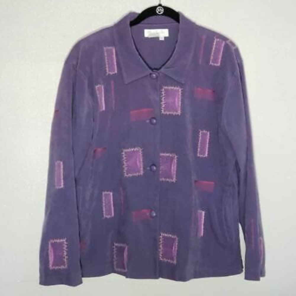 Great Cavalier Womens Jacket Purple Patchwork Buttons Pockets Embroidered L
